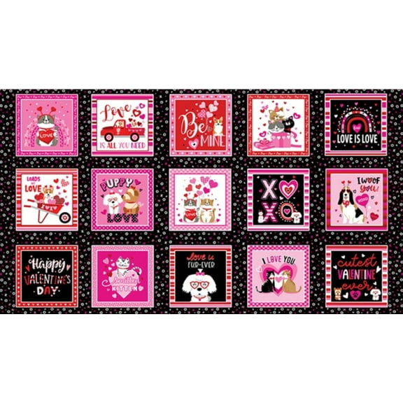 Benartex Valentine Love You Boxes Black Dogs Cats 100% Cotton Price per Panel