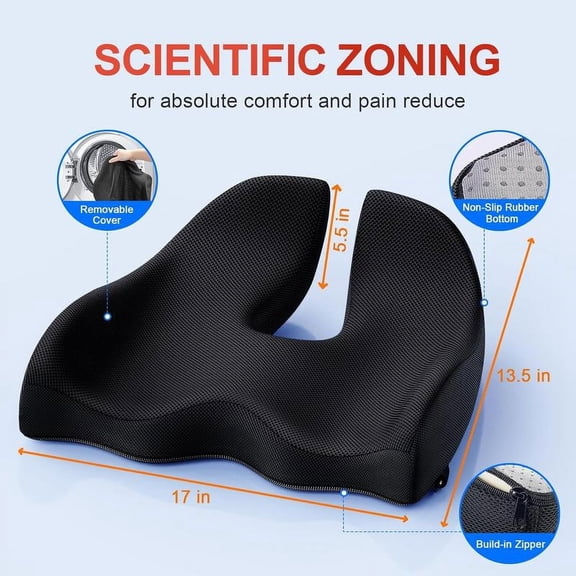 Benazcap Non-Slip Ergonomic Memory Foam Seat Cushion for Office Gaming Chair & Car Pressure Sciatica Pain Relief Easy Remove Wash Back Support Ease Leg Pain Plain Design