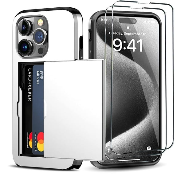 Benbenjaytek for iPhone 15 Pro Wallet Case with Card Holder + 2 Tempered Glass Screen Protector Protective Dual Layer Shockproof Hidden Card Slot Slim Case Women Men iPhone 15 Pro 6.1″ 2024 (White)