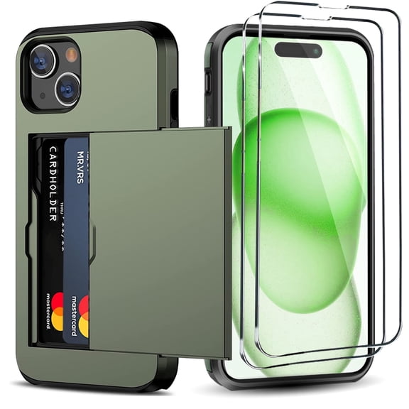 Benbenjaytek for iPhone 15 Wallet Case with Card Holder + 2 Tempered Glass Screen Protector Protective Dual Layer Shockproof Hidden Card Slot Slim Case Women Men iPhone 15 6.1 inch 2024 (Deep Green)
