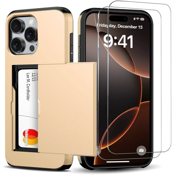 Benbenjaytek for iPhone 16 Pro Wallet Case with Card Holder + 2 Tempered Glass Screen Protector Protective Dual Layer Shockproof Hidden Card Slot Slim Case Women Men iPhone 16 Pro 6.1″ 2024 (Gold)