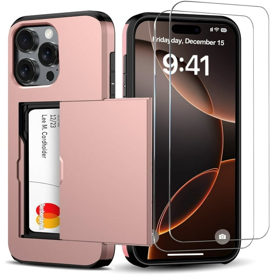 Benbenjaytek for iPhone 16 Pro Wallet Case with Card Holder + 2 Tempered Glass Screen Protector Protective Dual Layer Shockproof Hidden Card Slot Slim Case iPhone 16 Pro 6.1″ 2024 (Rose Gold)