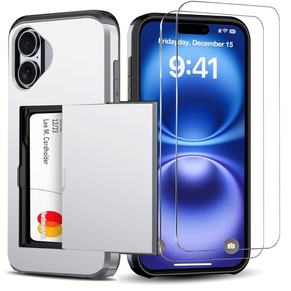 Benbenjaytek for iPhone 16 Wallet Case with Card Holder + 2 Tempered Glass Screen Protector Protective Dual Layer Shockproof Hidden Card Slot Slim Case Women Men iPhone 16 6.1 inch 2024 (Silver)