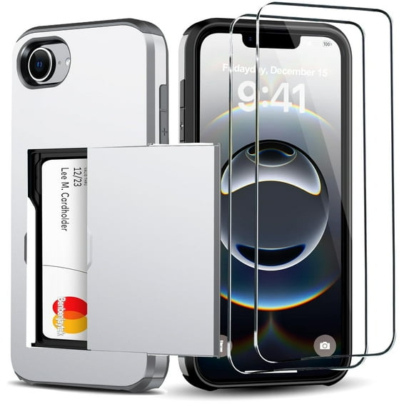 Benbenjaytek for iPhone 16e Wallet Case with Card Holder + 2 Tempered Glass Screen Protector Protective Shockproof Hidden Card Slot Slim Case Women Men for iPhone 16e 6.1" (Silver)