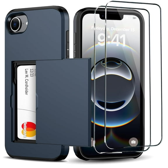 Benbenjaytek for iPhone 16e Wallet Case with Card Holder + 2 Tempered Glass Screen Protector Protective Shockproof Hidden Card Slot Slim Case Women Men for iPhone 16e 6.1" (Blue)