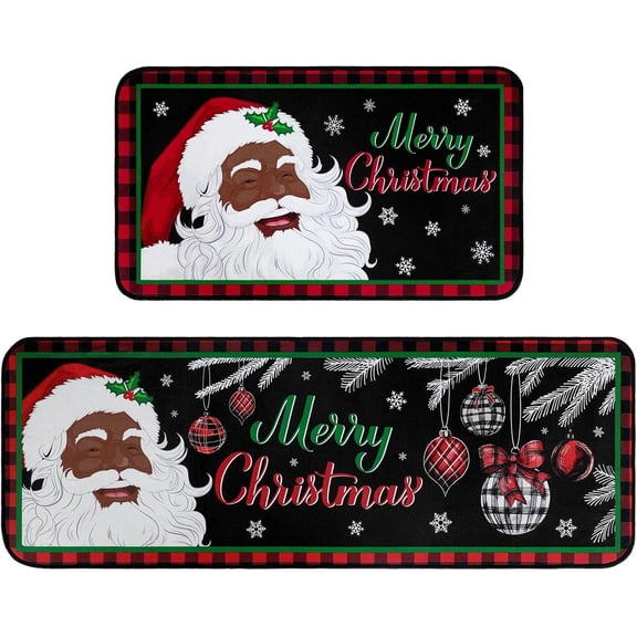 POLOHOMEE 2 Pcs Christmas African American Santa Kitchen Rugs and Mats Set Non Slip Black Santa Bathroom Rugs Plaid Snowflake Cabin Rug Door Mat for Xmas Christmas Kitchen Decor