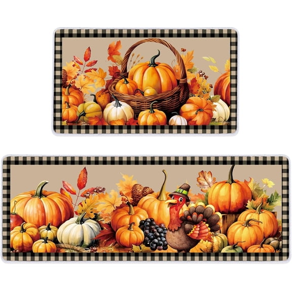 Sets of 2 Thanksgiving Kitchen Rugs and Mats, Fall Kitchen Rug Non Slip Maple Leaf Farmhouse Thanksgiving Mats for Floor Door Home Bathroom Cabin Decor