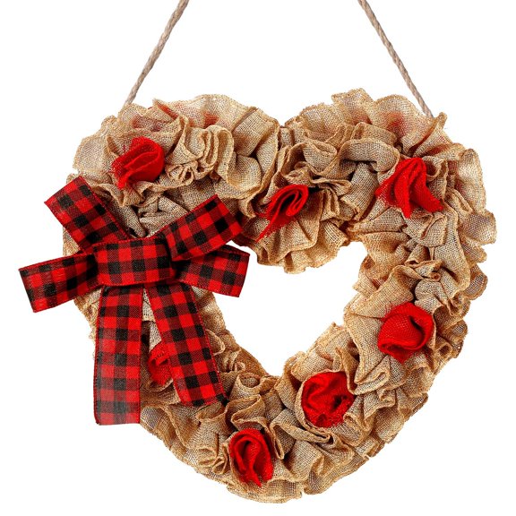 Bencailor Valentine Wreath for Front Door 15.7'' Valentines Heart Door Hanger with Bows Wall Hanging Sign Decoration Holiday Party Supplies Window Wall Decor(Linen Style) C113