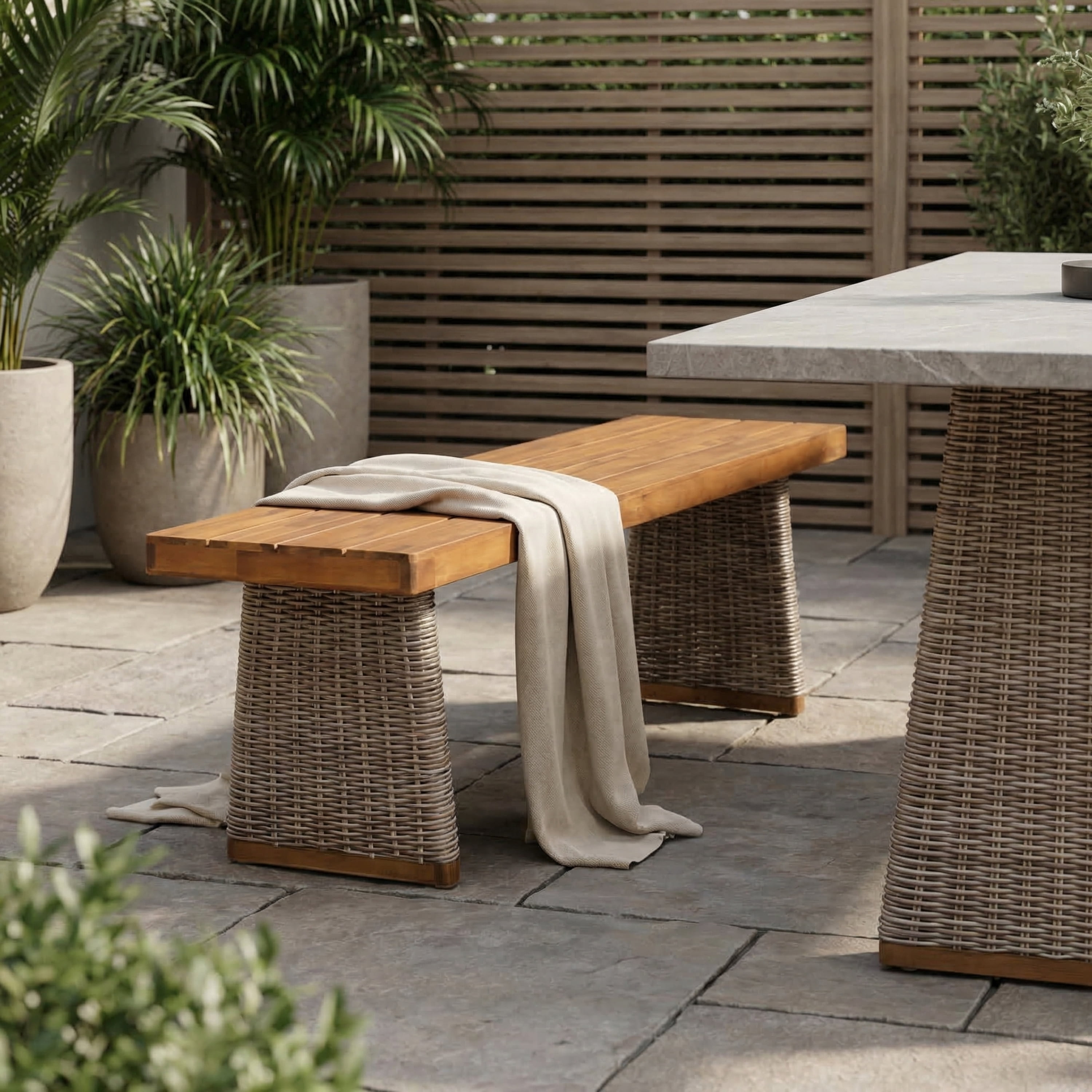 Bench 1 Piece, Outdoor Acacia Wood Bench with Brown Wicker for Patio Garden, Teak