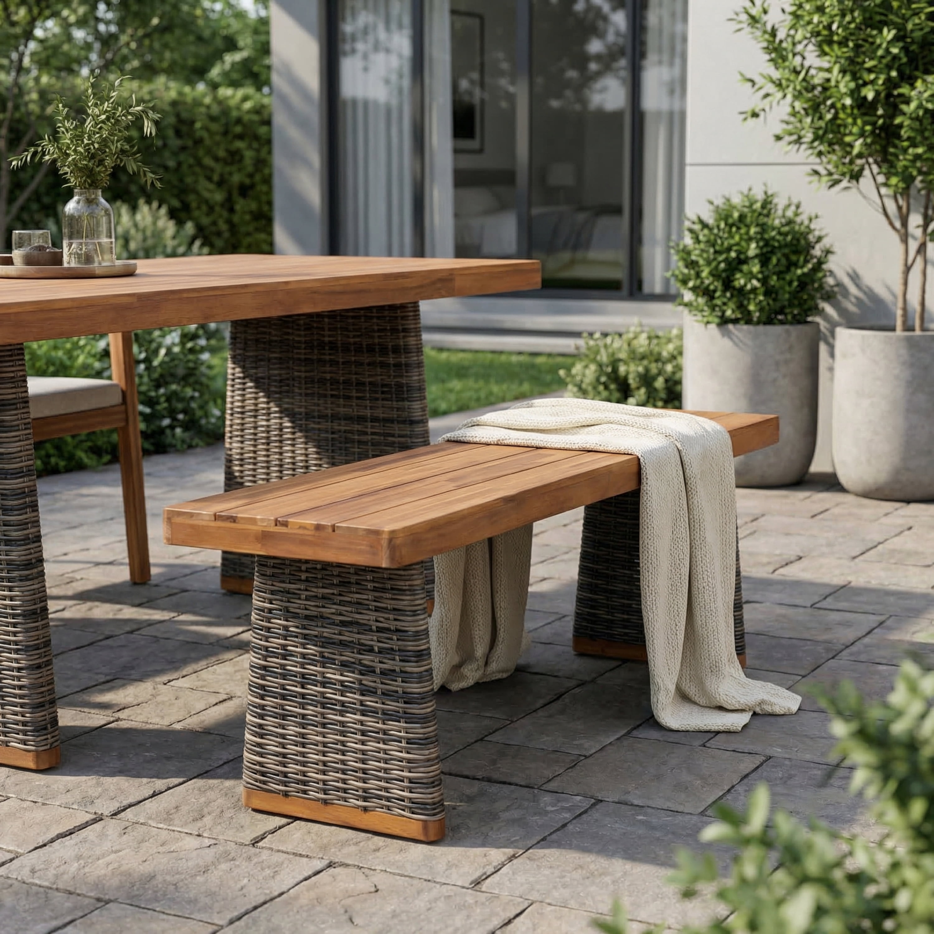 Bench 1 Piece, Outdoor Acacia Wood Bench with Grey Wicker for Patio Garden, Teak
