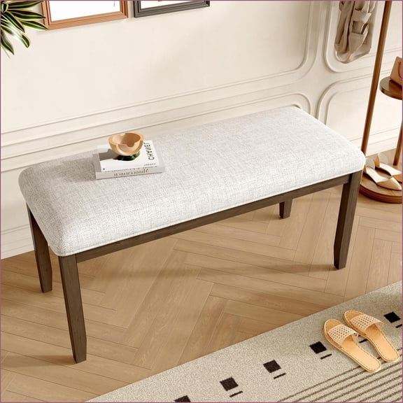 Bench, 38-Inch Mid-Century Modern Upholstered Bench with Linen Seat & Solid Rubberwood Legs for Bedroom, Entryway, Dining Room | Beige | Walnut Brown