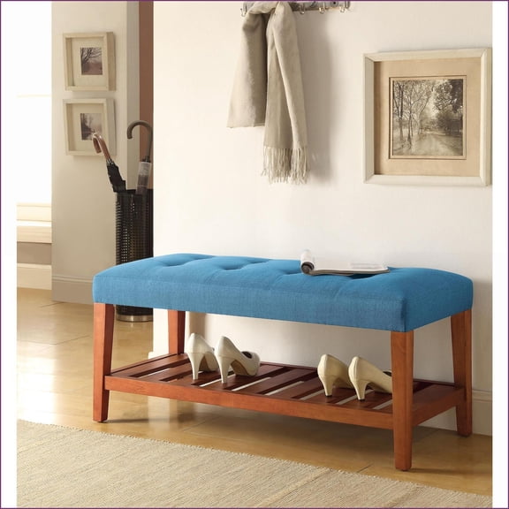 Bench, 40” Light Blue Fabric Tufted Seat with Oak Finish Storage | Light Blue | Fabric