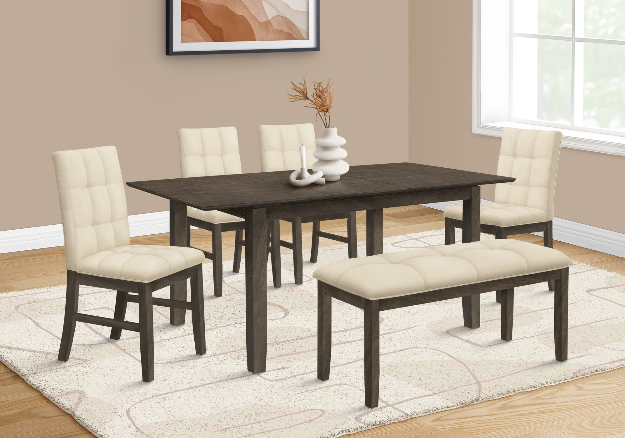 44" Cream Upholstered Bench with Gray Solid Wood Frame