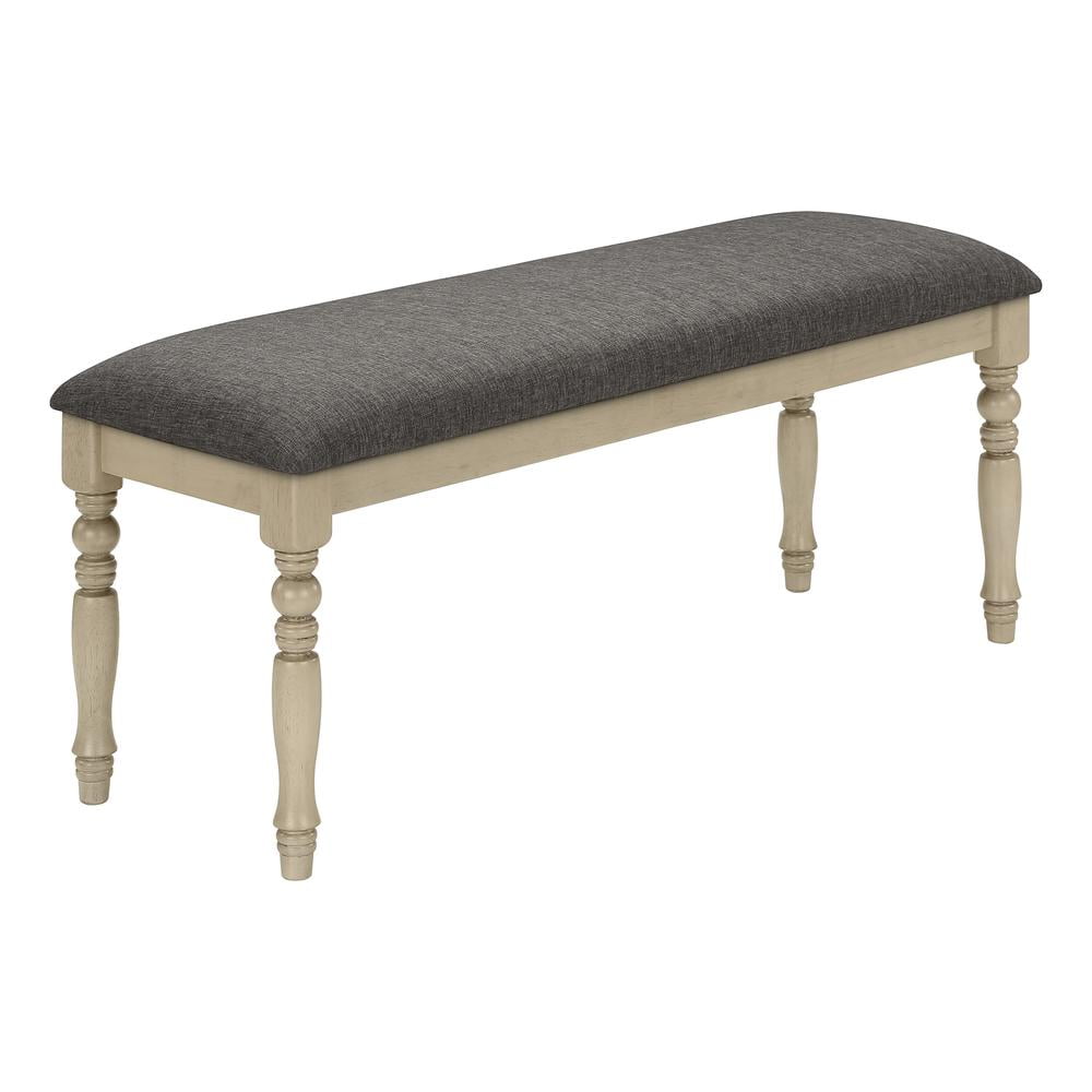Antique Gray 48" Upholstered Wood Bench with Turned Legs