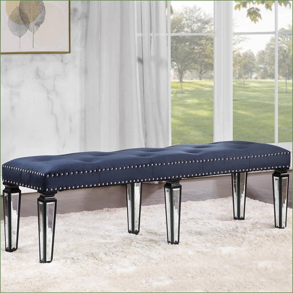 Bench, 60.5 Wide Dark Navy Velvet Tufted with Black Mirrored Legs | Living Room Bedroom | Navy | Velvet