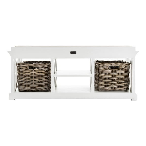 NovaSolo Halifax Entryway Bench with Cushion and Baskets Wood in Pure White