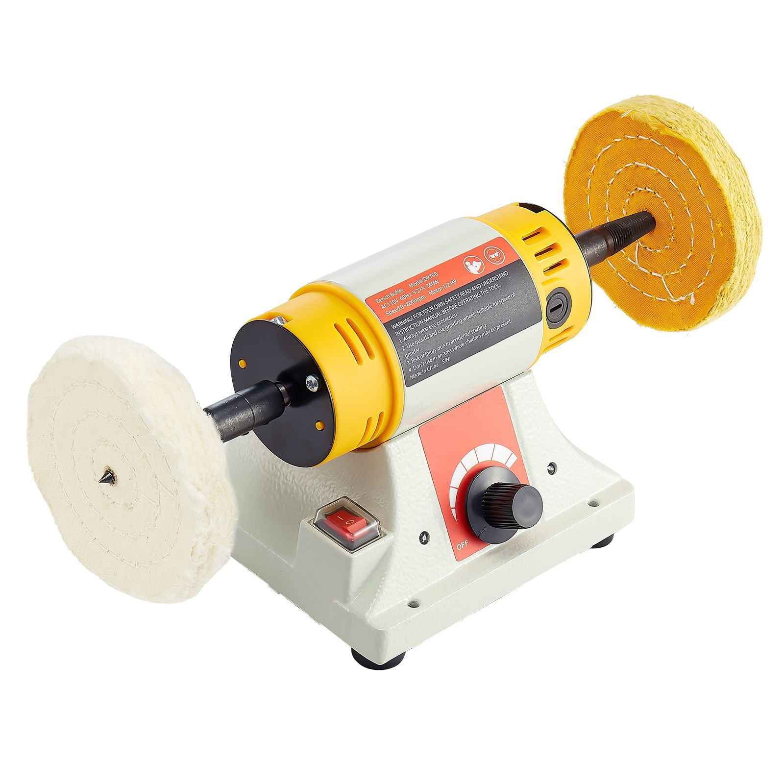 Bench Buffer Polisher 1/2 horsepower, 0-8000 RPM Bench Top, w/ 2x4" Cotton & 3x3" Abrasive Wheels, Compound for Metal/Jewelry/Wood