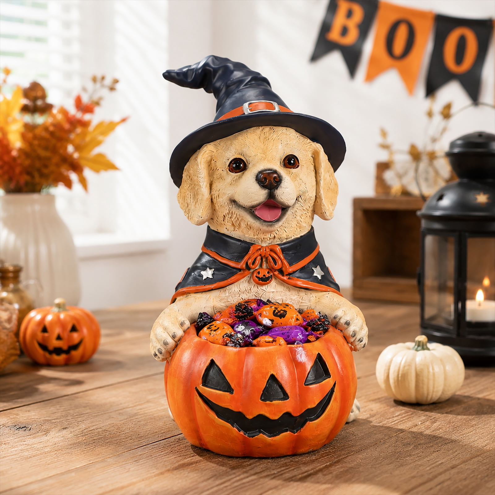 Labrador Puppy Witch Halloween Candy Bowl with Pumpkin Holder Resin Tabletop Decor