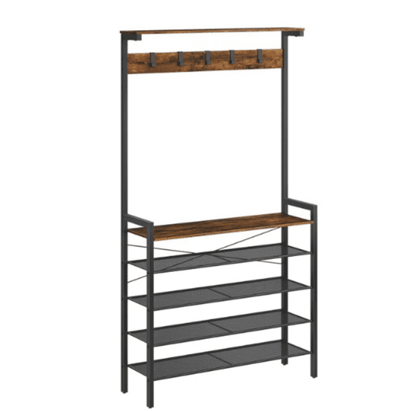 with Bench, Coat Rack with Shoe Storage, Shoe an Coat Rack, 5-Tier Entryway Shoe Storage, 5 Hooks, for 12-16 Pairs, Industrial, Hallway, Foyer, Mudroom, Rustic Brown