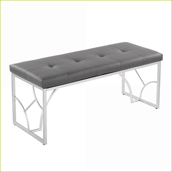 Bench, Contemporary Brushed Silver Metal Frame & Light Gray Faux Leather for Entryway/Bedroom | Light Gray | Faux Leather