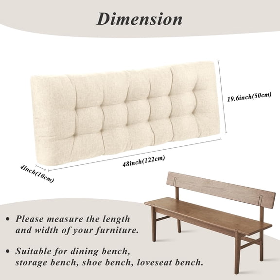 Bench Cushion for Indoor Furniture 48 x 19 inch Rectangle Bench Seat Cushion for Bay Window Entryway Bench Thick Textured Chair Cushion with Non-Slip Backing 1 Pack, Beige
