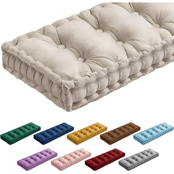 Bench Cushions for Indoor Furniture 42x16 in Velvet Kitchen Dining Piano Window Seat Cushion, Tufted Patio Porch Swing Thicken Bench Pad Memory Foam(Ivory White)