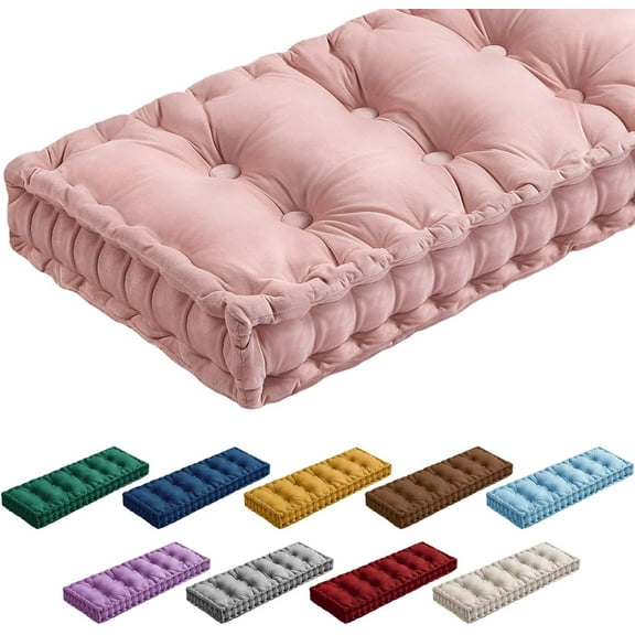 Bench Cushions for Indoor Furniture 42x16 in Velvet Kitchen Dining Piano Window Seat Cushion, Tufted Patio Porch Swing Thicken Bench Pad Memory Foam(Pink)