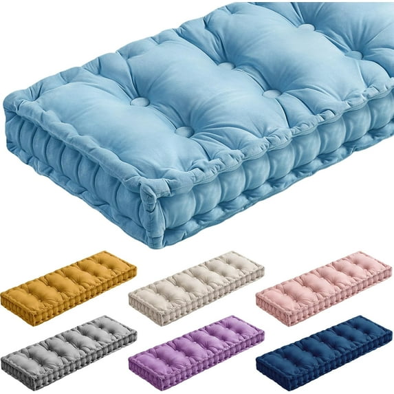 Bench Cushions for Indoor Furniture 42x16 in Velvet Kitchen Dining Piano Window Seat Cushion, Tufted Patio Porch Swing Thicken Bench Pad Memory Foam(Water Blue)