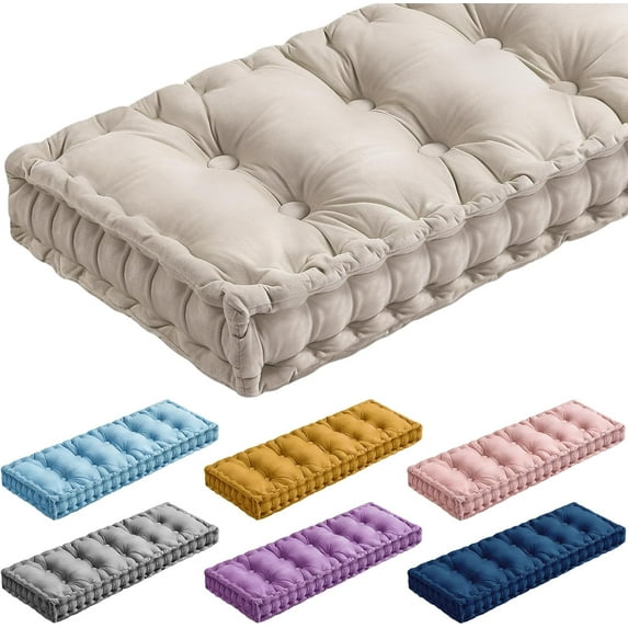 Bench Cushions for Indoor Furniture 48x18 Inch Velvet Kitchen Dining Piano Window Seat Cushion, Tufted Patio Porch Swing Thicken Bench Pad Memory Foam(Ivory White)