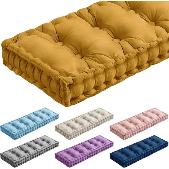 Bench Cushions for Indoor Furniture 48x18 in Velvet Kitchen Dining Piano Window Seat Cushion, Tufted Patio Porch Swing Thicken Bench Pad Memory Foam(Yellow)