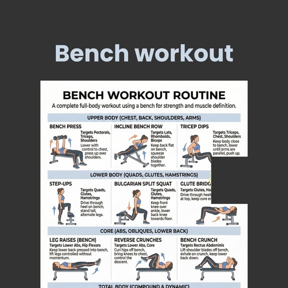 Bench Exercise Poster, Full Body Exercise Poster, 30 Day Exercise, Strength Training Poster, Exercise, Family Fitness Plan Poster