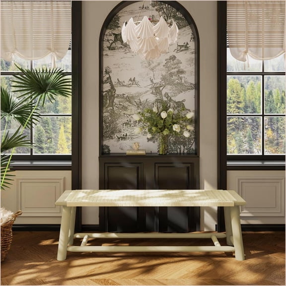 Bench | Farmhouse Modern 59 Inch Solid Wood Rattan | Champagne Finish | Indoor Dining Porch | Rattan | Gold