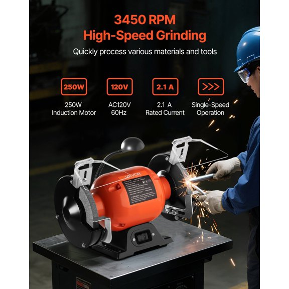 Bench Grinder,6-"Single Speed Bench Grinder,3450RPM High-Speed Table Grinders with 250W 2.1A Induction Motor,36/60-Grit Grinding Wheels&LED Work Light for Fast Sharpening Grinding