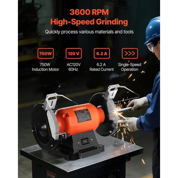 Bench Grinder,8-"Single Speed Bench Grinder,3450RPM High-Speed Table Grinders with 750W 6.2A Induction Motor,36/60-Grit Grinding Wheel&Adjustable Eye Shield for Fast Sharpening Grinding