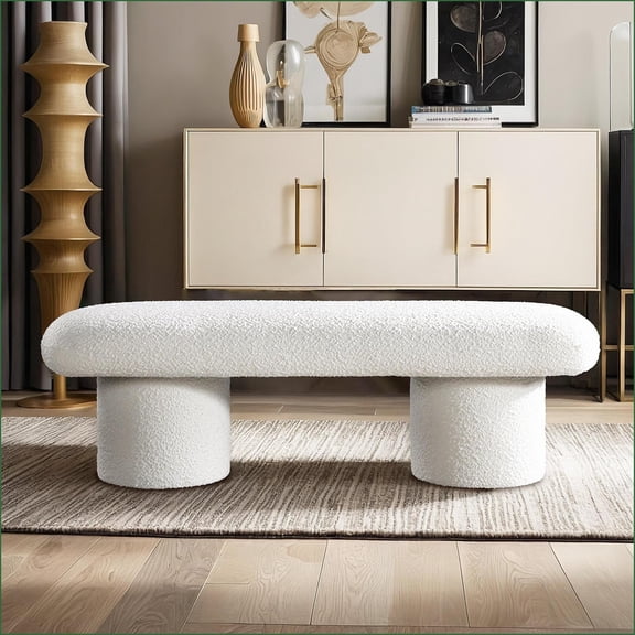 Bench, Modern Japanese Minimalist Solid Wood | Living Room Accent | Ivory | Boucle