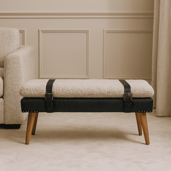 Bench | Nordic 100% Cotton Boucle & Genuine Leather Upholstered, Black & Beige, Belted Strap | for Entryway Bedroom Living Room | Wood | Walnut Brown