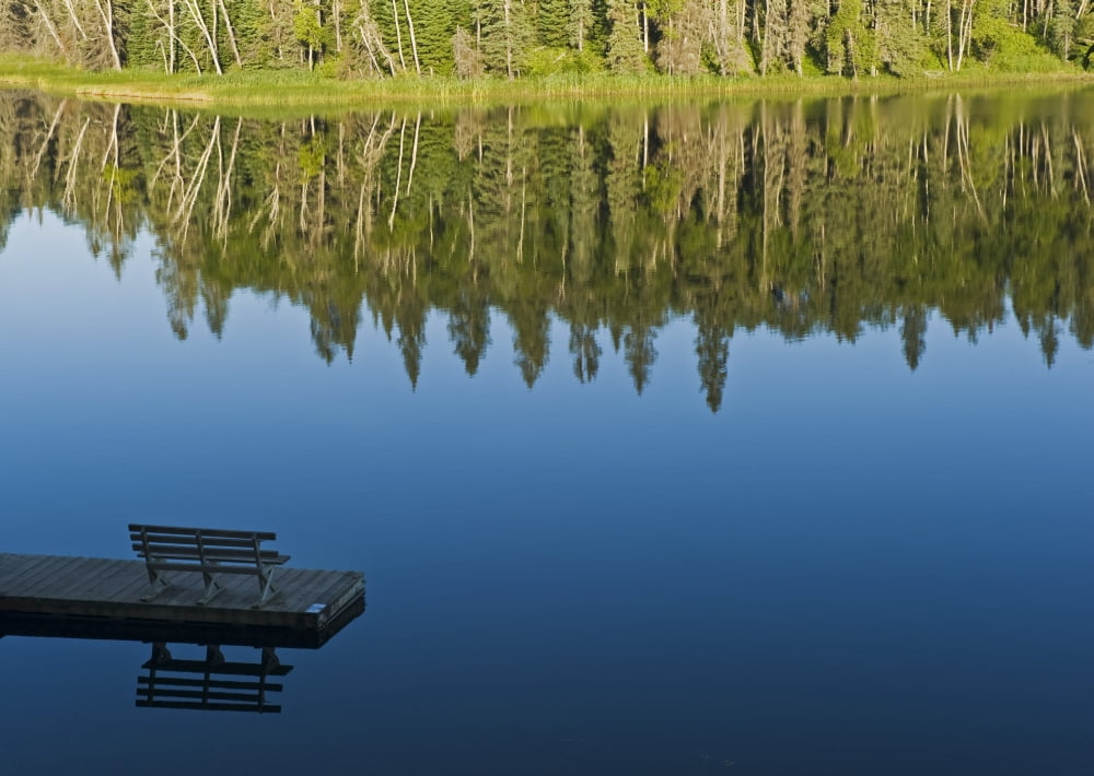 Bench On A Dock And Trees Reflected In Water Two Mile Lake Duck Mountain Provincial Park Manitoba Canvas Art - Dave Reede Design Pics (34 x 24)