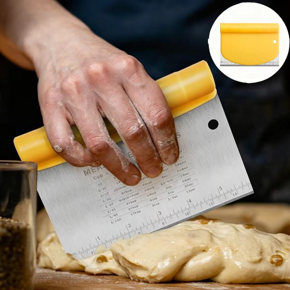 Bench Scraper for Baking, Stainless Steel Dough Cutter and Scraper Tool Kitchen, Multifunctional 2-in-1 Baking Tools With Measurement Marks(Yellow)