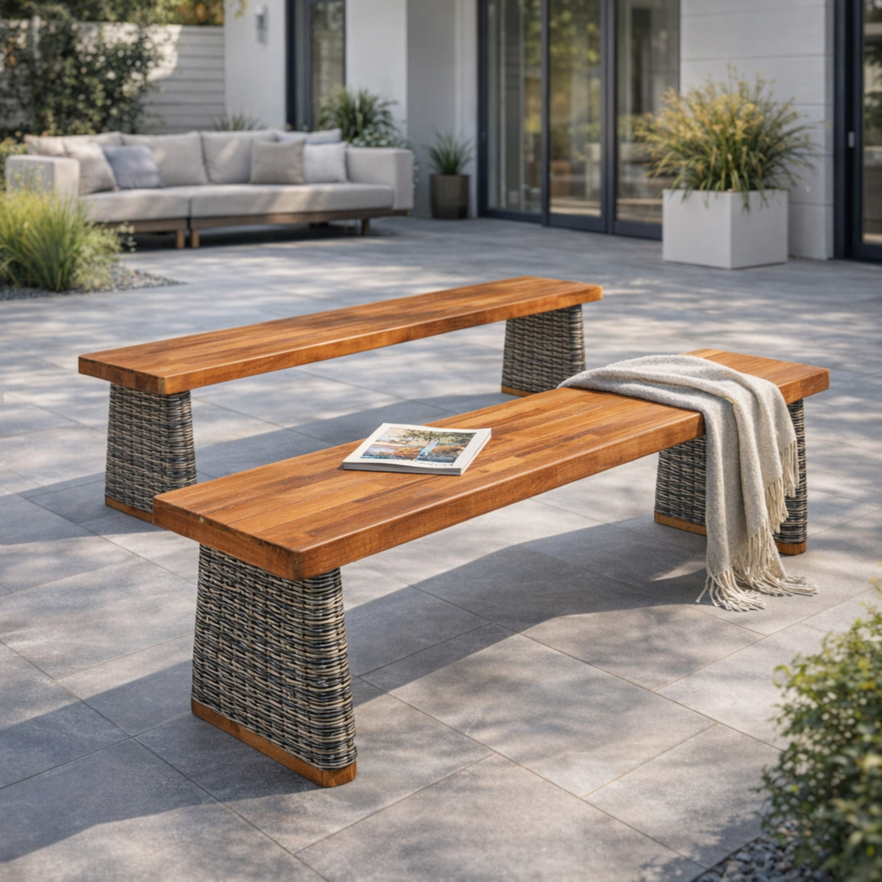 Bench Set of 2, Outdoor Acacia Wood Bench with Grey Wicker for Patio Garden, Teak