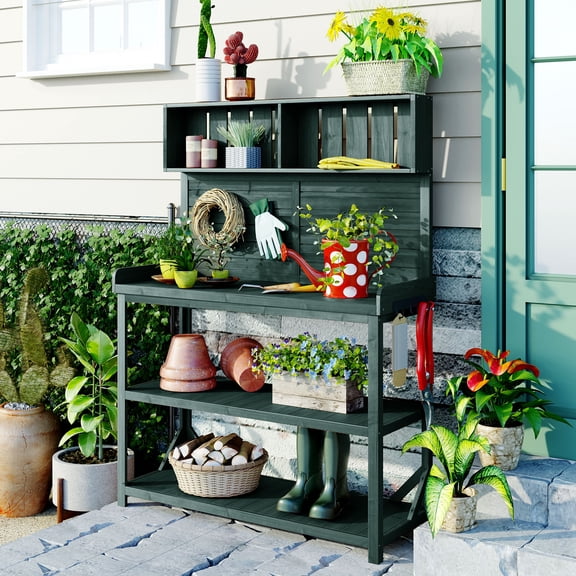 Bench Table, for Patio/Garden, Wooden Potting Bench Maintenance, With Storage, Generous storage Shelves