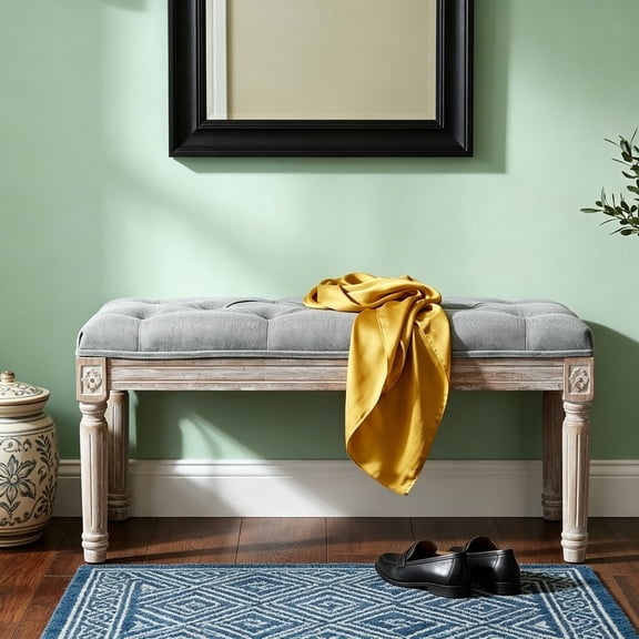 Bench, Upholstered Fabric Rectangle Entryway Bench, Tufted Piano Bench for 2 People, Rubber Wood Legs with Carved Pattern for Bedroom, Living Room, Dining Room, Grey