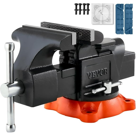 Bench Vise, 5" Jaw Width, 5" Max Jaw Opening Multipurpose Vise with 360° Swivel Locking Base, 2.8" Throat Depth, Heavy Duty Ductile Iron Workbench Vise with Anvil, for Clamping Round Pipes
