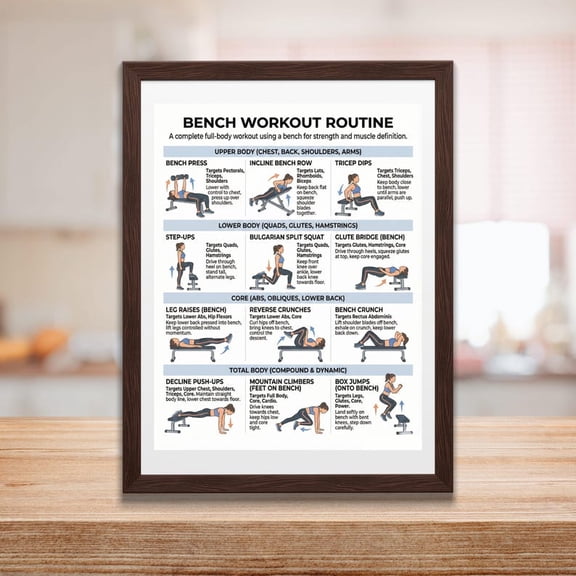 Bench Workout Poster, Full Body Workout, Printable Exercises, 30 Day Workout, Strength Training, Exercises Workout, Home Fitness Plan, Unframed Paper Poster 8x10in