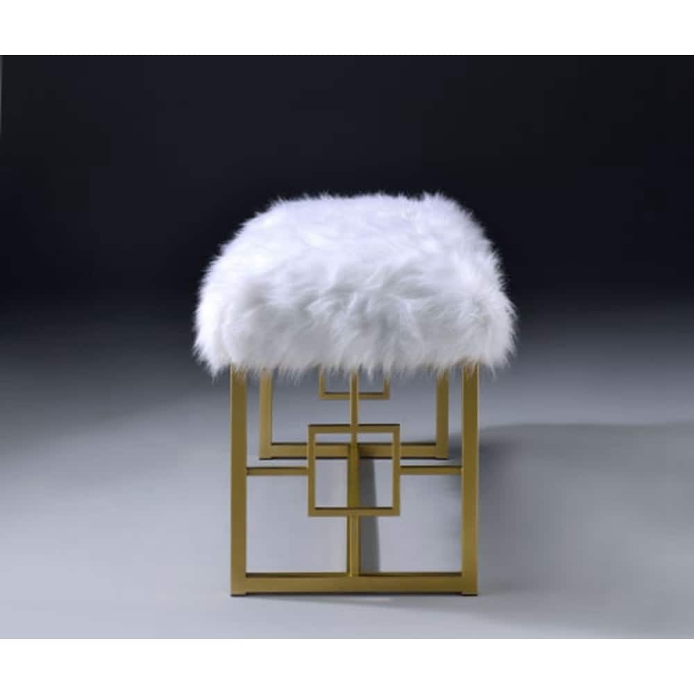 White Faux Fur Gold Metal Base Bench