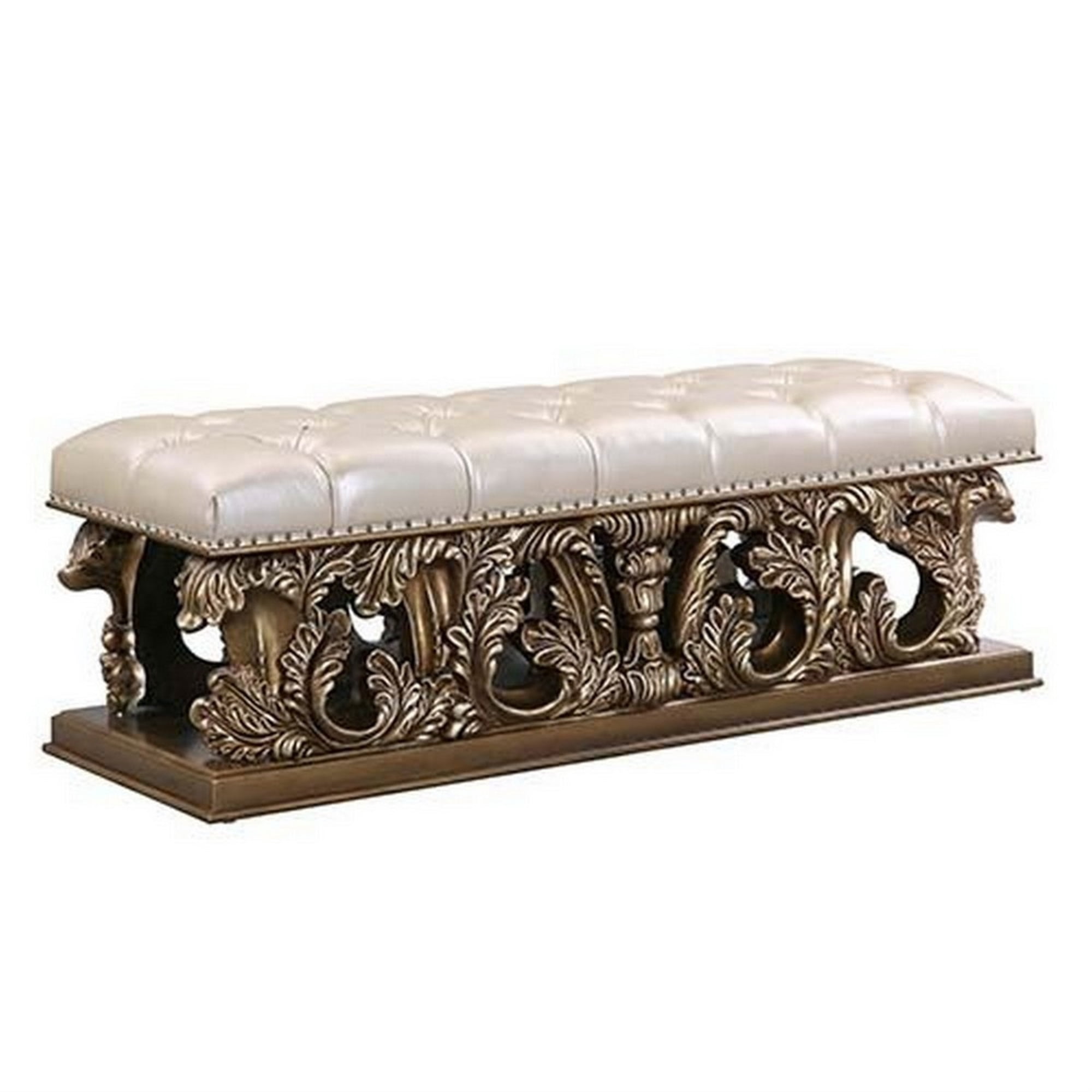 Bench with Button Tufted Seat and Heavy Scrolled Carving, Antique Gold ...