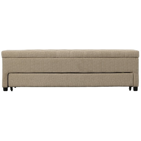 Bench with Button Tufting and Pull Out Storage, Beige