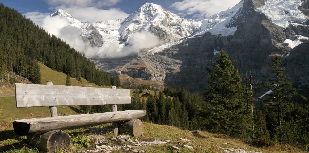Bench with Mt Eiger and Mt Monch in the Background Kleine Scheidegg Bernese Oberland Bern Switzerland Canvas Art - Panoramic Images (36 x 12)
