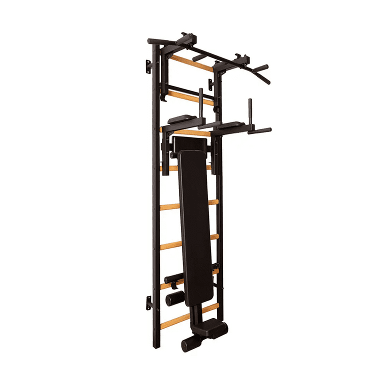 BenchK 233 Black wall bars with convertible steel 6 grip pull up bar that can also be used as a barbell holder dip bar with back support and