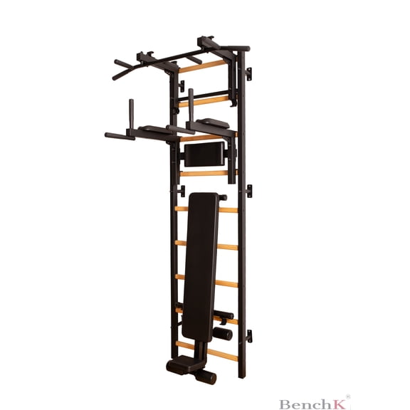 BenchK 733 Black Wall bars with convertible steel 6-grip pull-up bar that can also be used as a barbell holder, dip bar with back support and advanced workout bench
