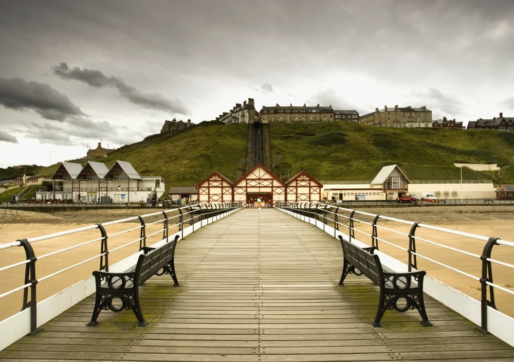 Benches Along A Pier Saltburn Cleveland England Canvas Art - John Short Design Pics (36 x 26)